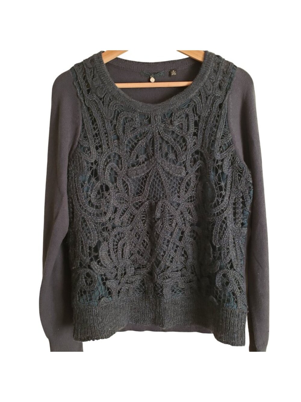 Anthropologie Crochet Wool Sweater M Dark Blue w Intricate Lace Front Pullover